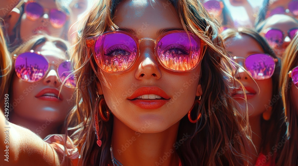 Obraz premium A vibrant crowd of young people wearing colorful sunglasses at an event.