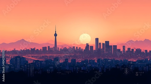 Minimalist flat illustration of Seoul's skyline, featuring the silhouettes of N Seoul Tower and Lotte World Tower, set against a calming gradient sky, clean lines, simple geometric shapes,