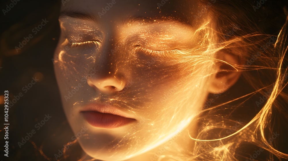 A being with softly glowing closed eyes, trails of light flowing from its mind creating a dreamlike world A being with softly glowing closed eyes, trails of light flowing from its mind creating a dreamlike world