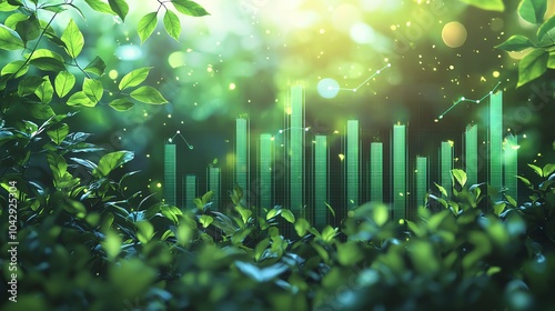 35 Green data chart with fresh leaves framing, sustainable finance report, 3D illustration