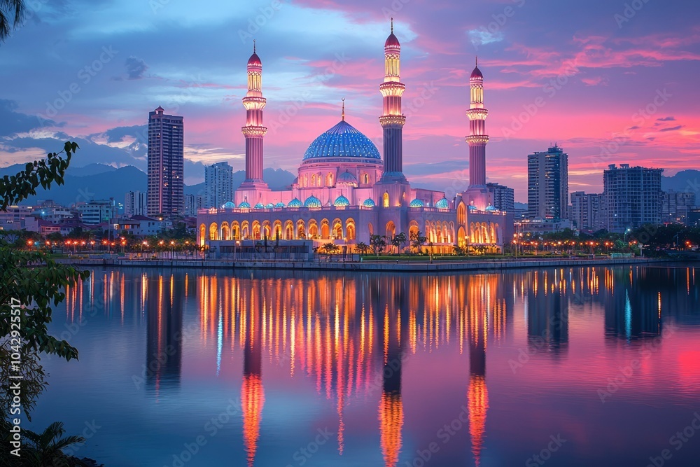 Naklejka premium Illuminated Mosque Reflecting in a Still Lake at Sunset