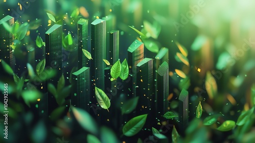 7 Green financial growth chart, fresh leaves scattered on the page, sustainable development, 3D illustration