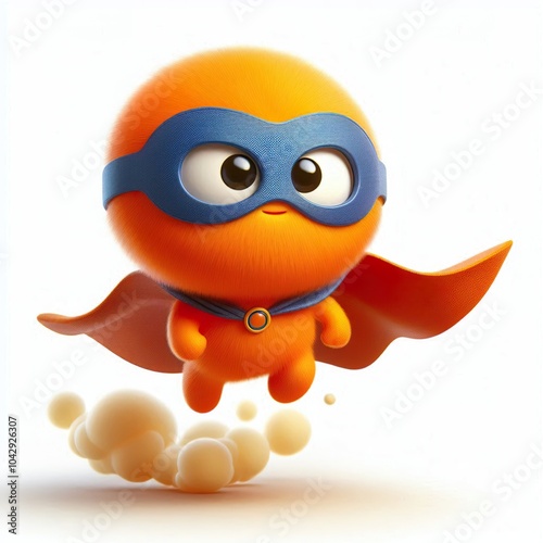 3D superhero A little orange monster flying with a cloak and mask, fluffy, white background