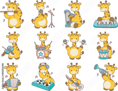 Set Vector Stock Illustrations Isolated of Baby Giraffe.
Cute giraffe animals with various activities.
Funny sticker of Giraffe animal kids.

