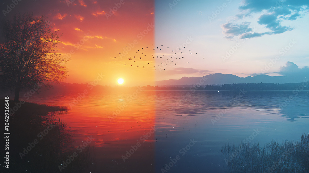 A serene landscape showing a sunrise and sunset in the same frame, symbolizing the time change. A serene landscape showing a sunrise and sunset in the same frame, symbolizing the time change.