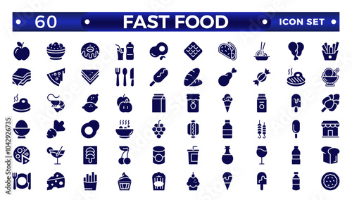 Fast food solid icons. Fast food vector icon line set. Burger sandwich pizza hot dog cola coffee sweets