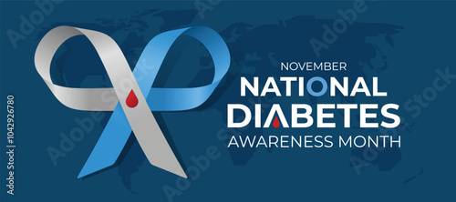 November, National diabetes awareness month - Blue and gray ribbon cross and features a blood drop symbol on world map dark blue background vector design