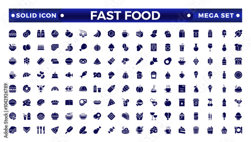 Fast food solid icons. Fast food vector icon line set. Burger sandwich pizza hot dog cola coffee sweets