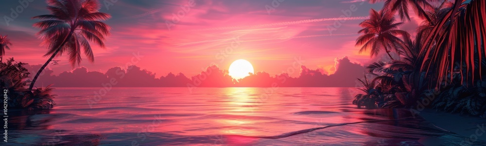 Fototapeta premium Sunset over the ocean with palm trees and a pink sky, travel concept, banner, copy space