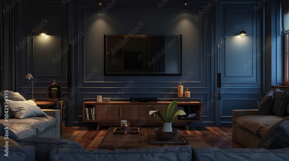 Fototapeta premium Cozy modern living room illuminated by soft lighting in the evening