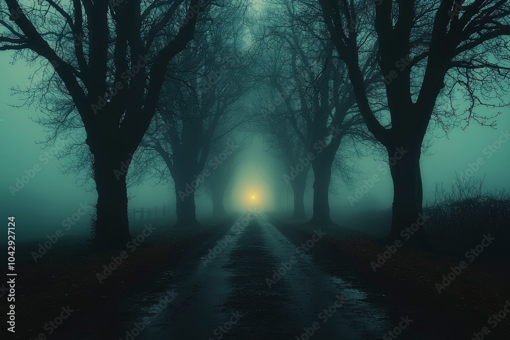 Obraz premium A Misty Path Through a Line of Bare Trees Leading to a Light Source