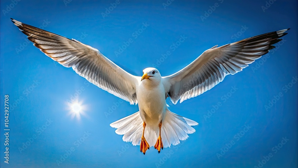 Obraz premium Minimalist Photography of a Flying Seagull with Open Wings Against a Clear Sky - Serene Coastal Landscape, Nature's Beauty, Freedom, Tranquility, Airborne Bird, Minimalist Aesthetic