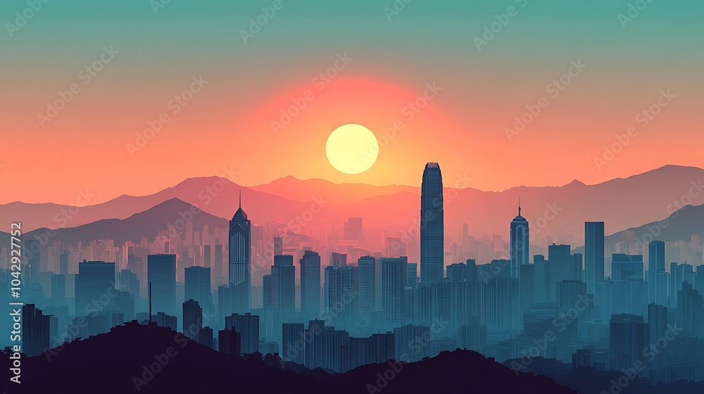 Fototapeta premium Minimalist Hong Kong skyline, featuring Victoria Peak and the city’s iconic skyscrapers in silhouette, with a soft gradient depicting dawn or dusk, flat illustration, clean lines, muted colors,