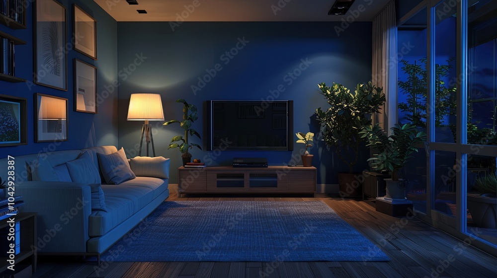 Fototapeta premium Cozy modern living room illuminated by soft lighting in the evening