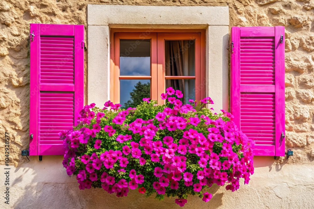 Low angle view of pink shutters with petunia flowers on window