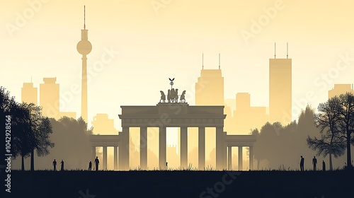 Minimalist silhouette of Berlin's skyline, showcasing the Brandenburg Gate and Berlin TV Tower, with a neutral background, clean lines, simple shapes, flat illustration style, muted tones, hd quality. photo