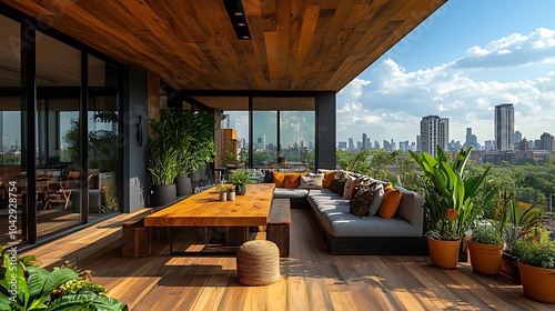 A spacious outdoor patio with wooden flooring, a large wooden table, and comfortable seating. It has a panoramic city view and greenery.