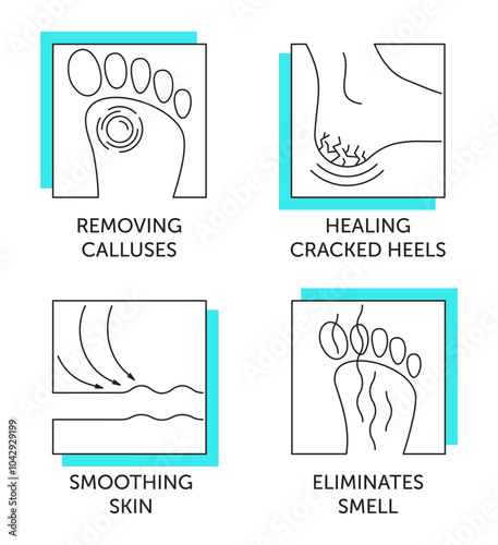 Foot cream square icons set - Smoothing, Eliminates smell, Removing calluses, Healing cracks