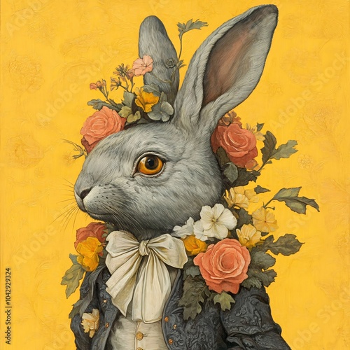 Whimsical Rabbit Portrait with Floral Crown