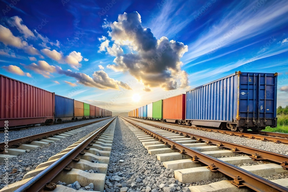 Fototapeta premium Low angle view of railway track with container trains against sky blue and clouds background