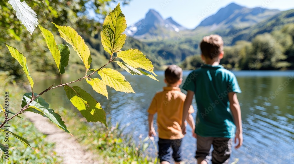 Two Boys Hiking by a Lake with Mountain Views in Summer Two Boys Hiking by a Lake with Mountain Views in Summer