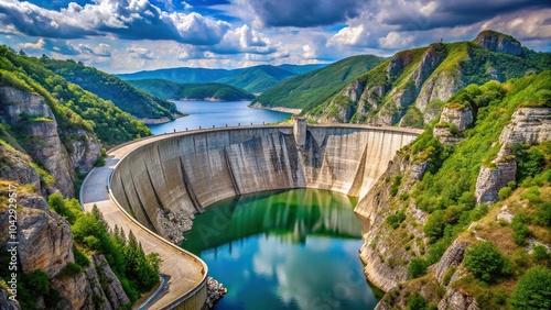 Low angle view of Radoinja dam on Radoinja Lake, a hidden water gem in Uvac Canyon, Zlatar mountain, Serbia