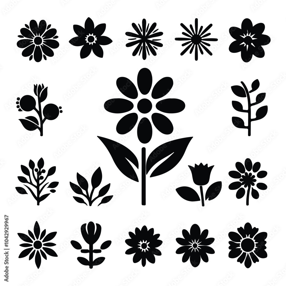 Obraz premium Shilhoutte Flowers tree vector icons set on a white background