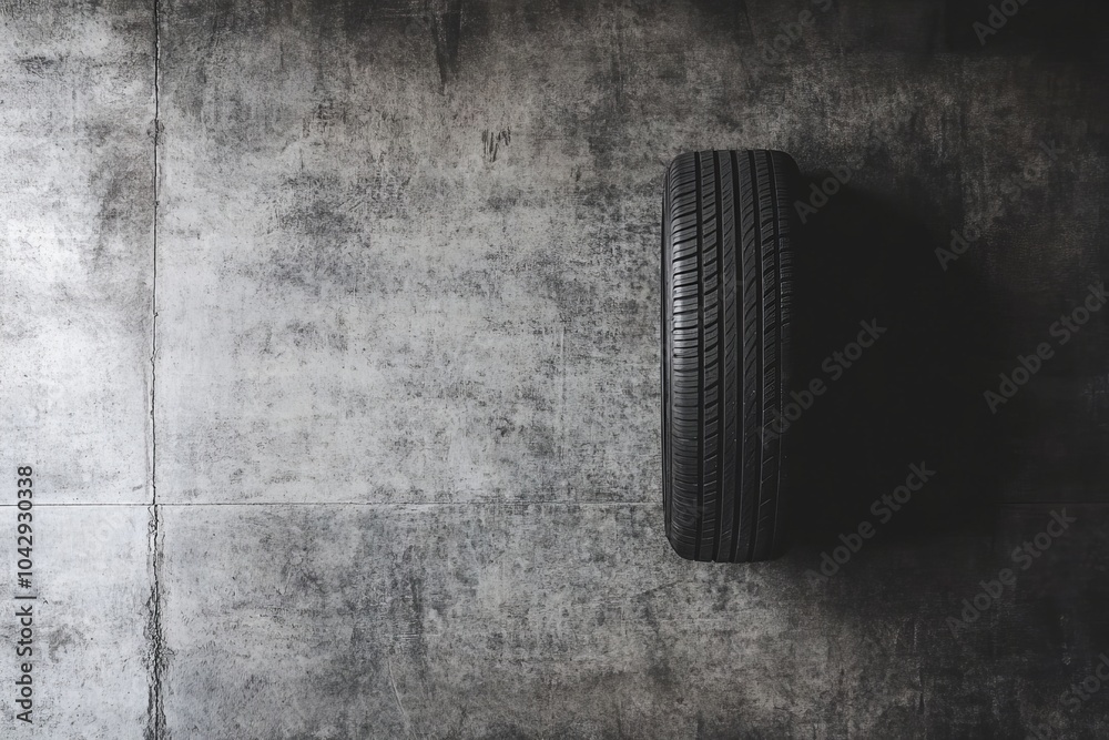 Fototapeta premium Overhead view of a tire lying flat on a concrete surface
