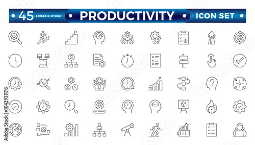 Productivity outline icon set. Containing efficiency, task, focus, multitasking, workflow, growth, routine, project management, automation and productivity. Editable stroke outline icon. 