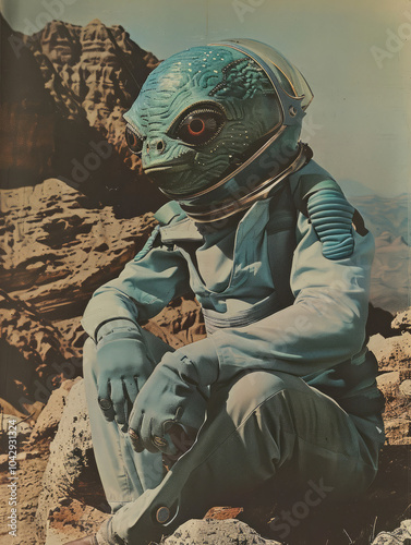 retro 1960s 1950s style vintage space alien little green man on another planet nostalgic comic book illustration colored tv show style extra terrestrial campy and fun, avatar photo