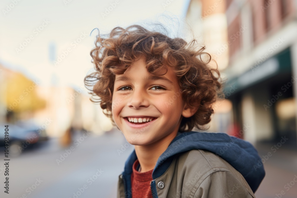 portrait of smiling boy with curly hair on city street in summer portrait of smiling boy with curly hair on city street in summer