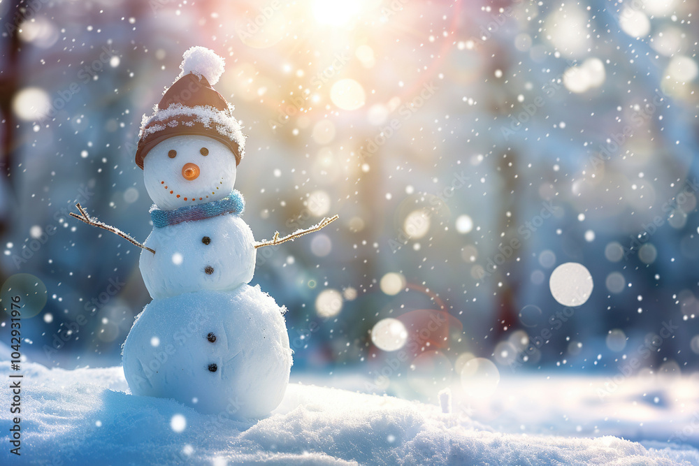 Christmas greeting card with bright winter holiday snowman and New Year background Christmas greeting card with bright winter holiday snowman and New Year background