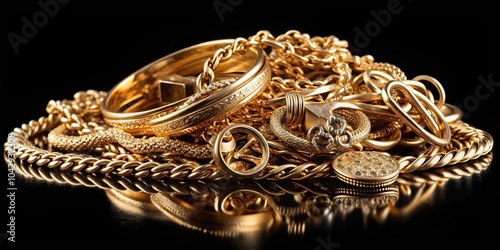 Low angle view of scrap gold jewellery on black background