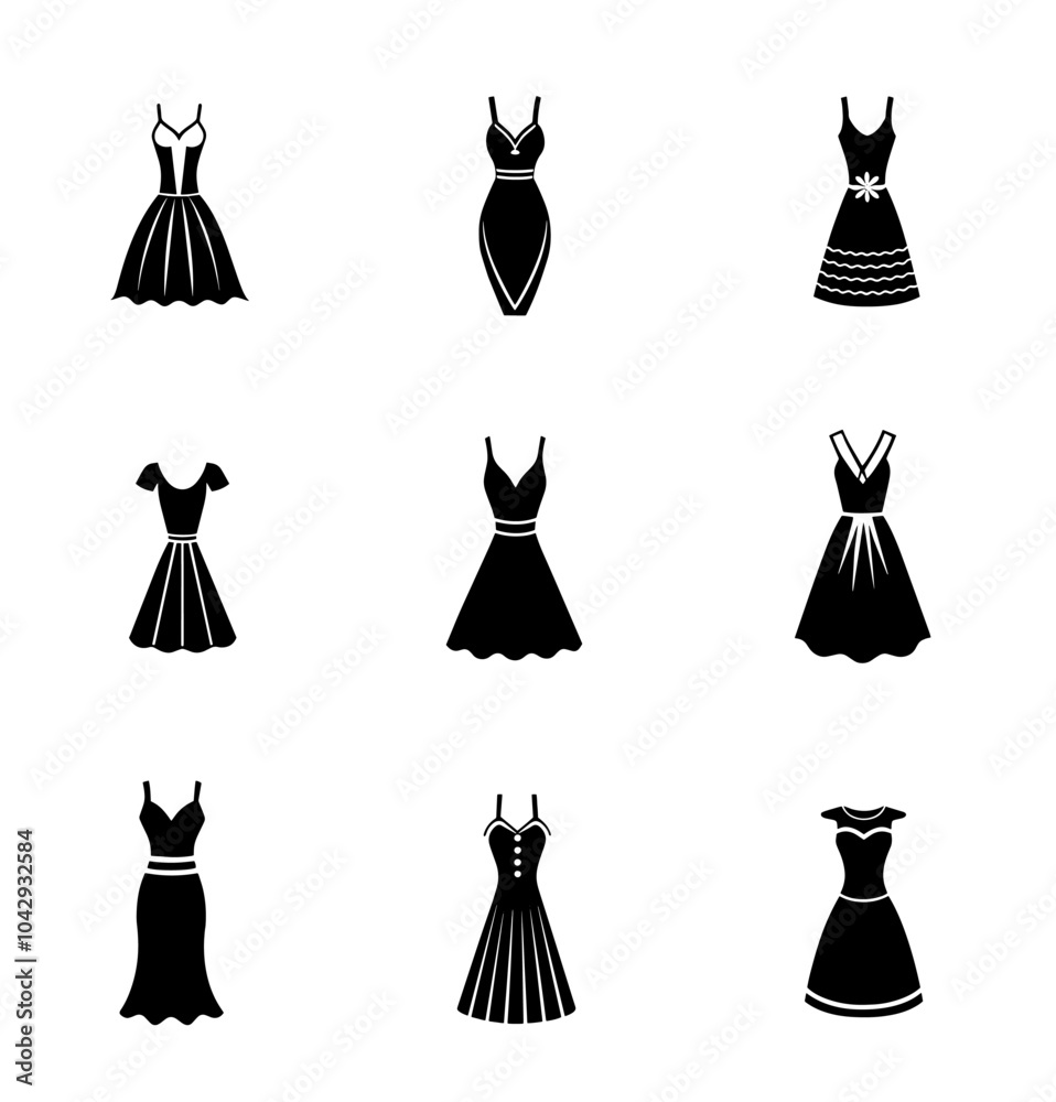 Set of girls dress icons illustration isolated white background. Vector Set of girls dress icons illustration isolated white background. Vector