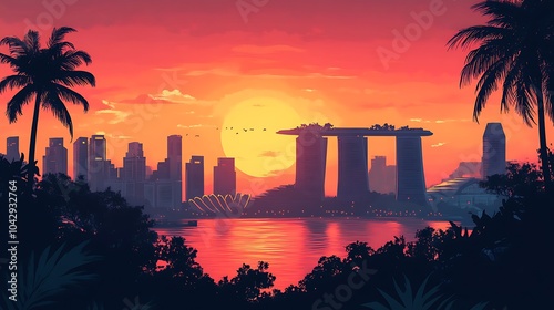 Minimalist silhouette of Singapore's skyline, showcasing Marina Bay Sands and the Gardens by the Bay, with a tropical sunset background, clean lines, simple shapes, flat illustration style, photo