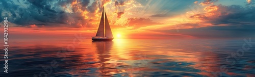 Sailboat sailing in the ocean at sunset with clouds, banner, copy space