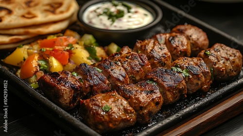 Grilled chicken skewers with vegetables, pita bread and yogurt dip.