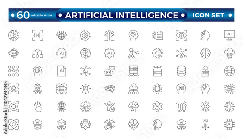 Artificial intelligence set of outline web icons. AI technology icons for web and mobile app. Machine learning, digital AI technology, algorithm, smart robotics. Editable stroke outline icon. 
