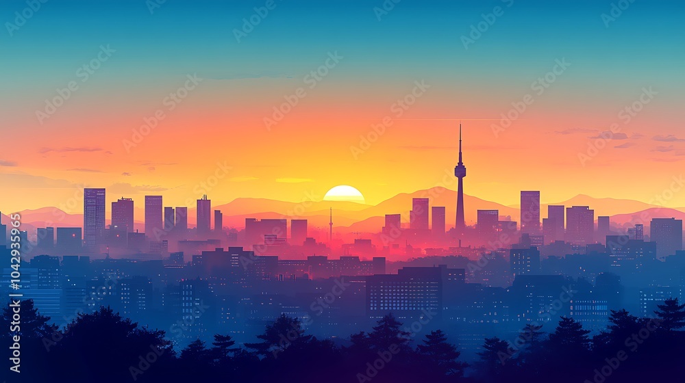 Fototapeta premium Seoul's skyline in silhouette, featuring N Seoul Tower and Lotte World Tower, with a calming gradient background, minimalist flat style, clean lines, soft color transitions, muted tones, hd quality.