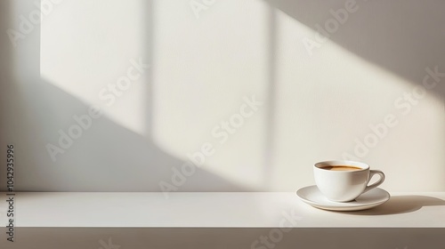 A cup of coffee on a white table. Perfect for showcasing products or creating a relaxing ambiance.