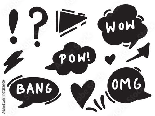Chalk speech bubbles with wow pow bang omg icon, censored with symbols in crayon grunge doodle style. Hand drawn black charcoal pencil swearwords comic style comic