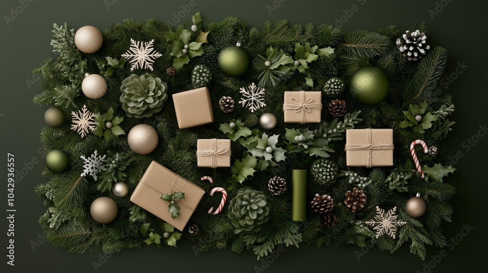 A top-down view of Christmas-themed decorations with wrapped gifts, ornaments, pinecones, and greenery on a dark background. A top-down view of Christmas-themed decorations with wrapped gifts, ornaments, pinecones, and greenery on a dark background.