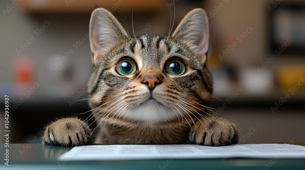 A curious tabby cat gazes up with large, expressive eyes. A curious tabby cat gazes up with large, expressive eyes.