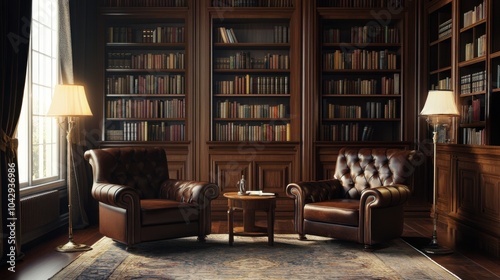 Cozy reading nook with leather chairs and bookshelf in elegant library setting