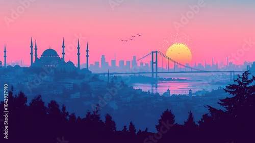 Silhouette of Istanbul's skyline, including the Blue Mosque and the Bosphorus Bridge, with a soft pastel background transitioning from pink to blue, minimalist flat design, clean lines, photo