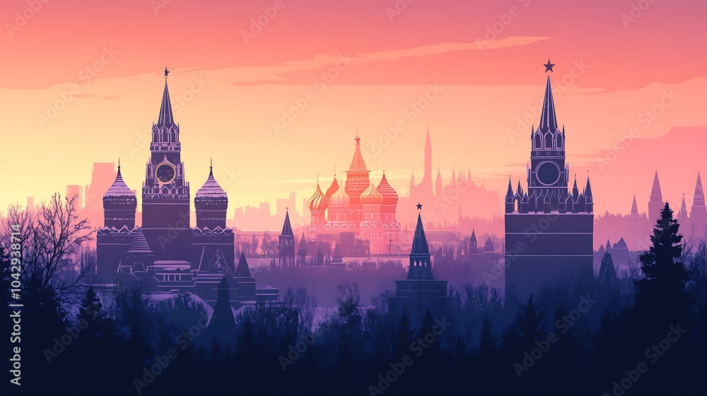 Fototapeta premium Silhouette of Moscow’s Red Square, featuring Saint Basil's Cathedral and the Kremlin, set against a soft winter gradient background, minimalist flat design, clean lines, muted pastel tones,
