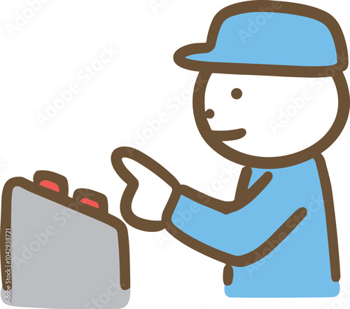 機械のボタンを押す作業服の男性(上半身)