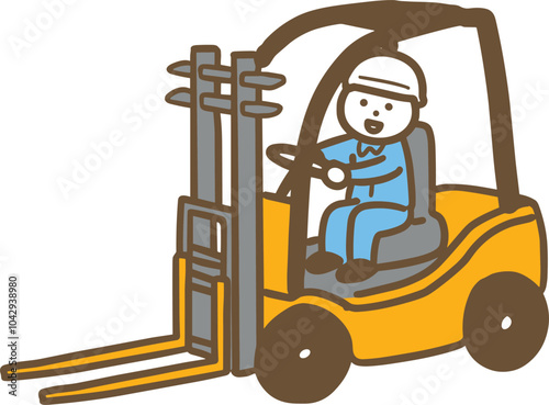 フォークリフトを運転している作業服の男性