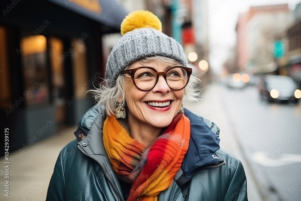 Outdoor portrait of a happy senior woman wearing eyeglasses and scarf Outdoor portrait of a happy senior woman wearing eyeglasses and scarf