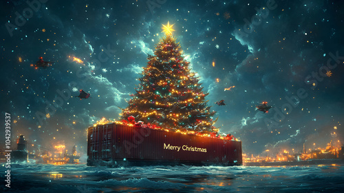 Cosy Holiday Vibes with an Enchanting Christmas Tree on a Shipping Container in a Picturesque Winter Landscape
